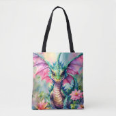 Dragon Bloemen Roze en Groene Waterverf Tote Bag (Voorkant)