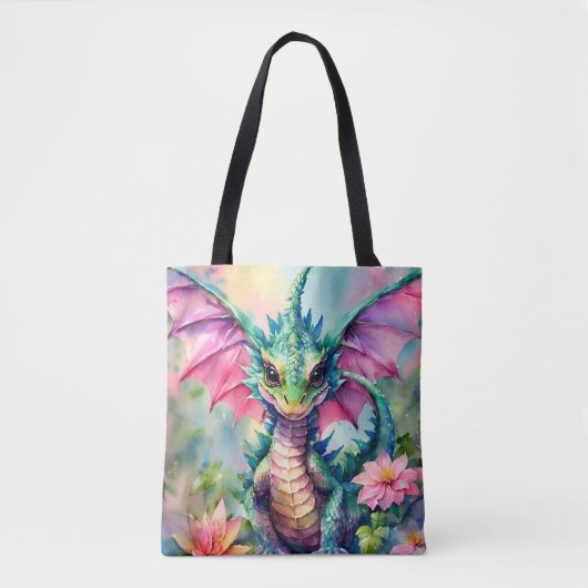 Dragon Bloemen Roze en Groene Waterverf Tote Bag (Voorkant)