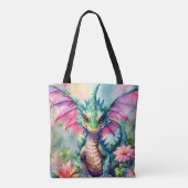 Dragon Bloemen Roze en Groene Waterverf Tote Bag (Achterkant)