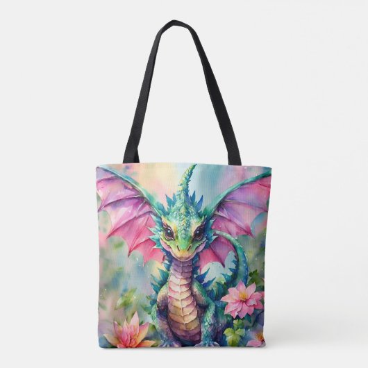 Dragon Bloemen Roze en Groene Waterverf Tote Bag (Achterkant)