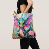 Dragon Bloemen Roze en Groene Waterverf Tote Bag (Dichtbij)