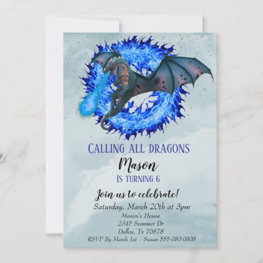 Dragon Blue Fire Serpent Birthday Party Child Kaart (Voorkant)