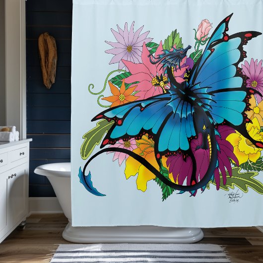 Dragon Blue Vlinder Bloemen Douchegordijn