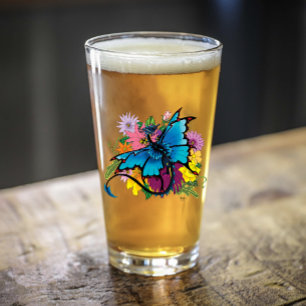 Dragon Blue Vlinder Bloemen Glas