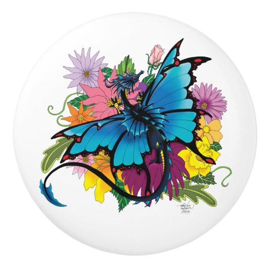 Dragon Blue Vlinder Bloemen Keramische Knop (Voorkant)