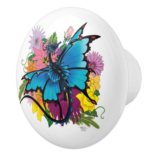Dragon Blue Vlinder Bloemen Keramische Knop (Rechts)
