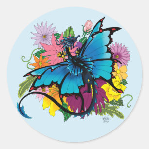 Dragon Blue Vlinder Bloemen Ronde Sticker