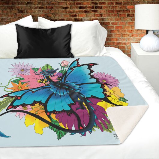 Dragon Blue Vlinder Bloemen Sherpa Deken