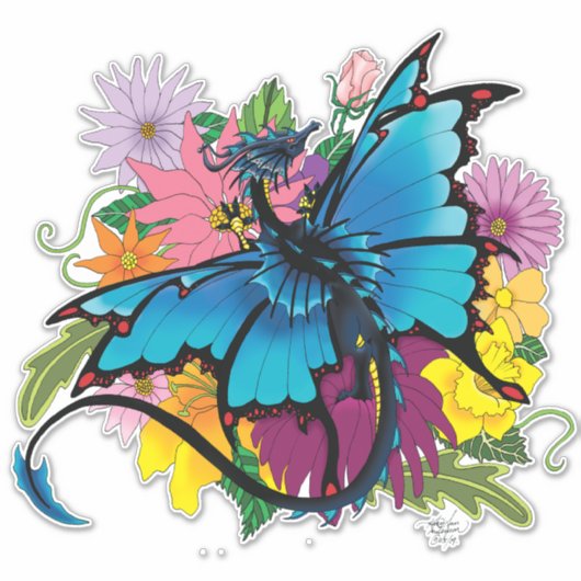 Dragon Blue Vlinder Bloemen Sticker (Voorkant)