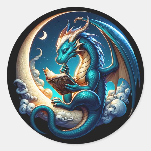 Dragon Bookworm, Moonlight Reading T-shirt Ronde Sticker (Voorkant)