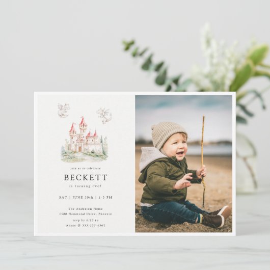 Dragon Castle Thema Verjaardagsfeestfoto Kaart (Staand voorkant)