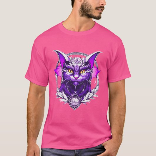 Dragon Cat Wizard - Zwart, Wit en Paarse Fantasy T-shirt (Voorkant)