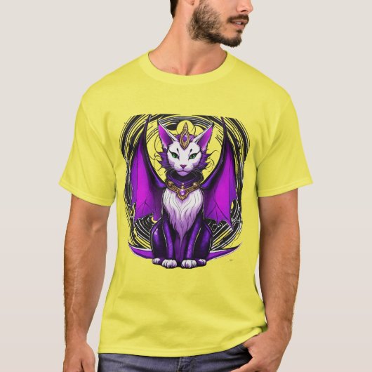 Dragon Cat Wizard - Zwart, Wit & Paarse T-shirt (Voorkant)