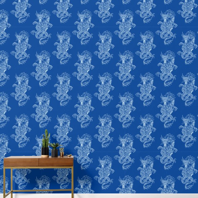 Dragon Chinese Style Navy Blue Behang (Hal)