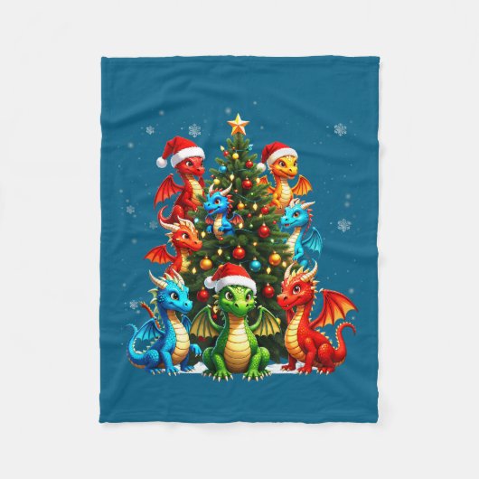 Dragon Christmas Tree Squad Santa Hat Fantasy Myth Fleece Deken (Voorkant)