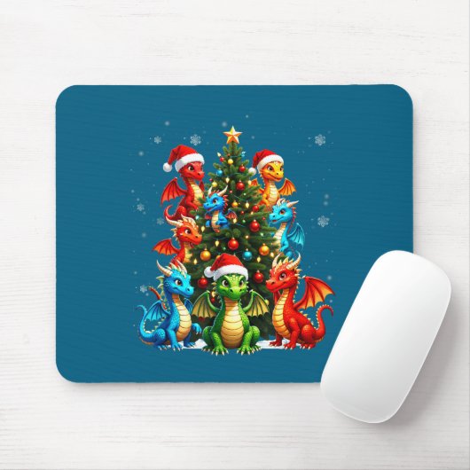 Dragon Christmas Tree Squad Santa Hat Fantasy Myth Muismat (Met muis)
