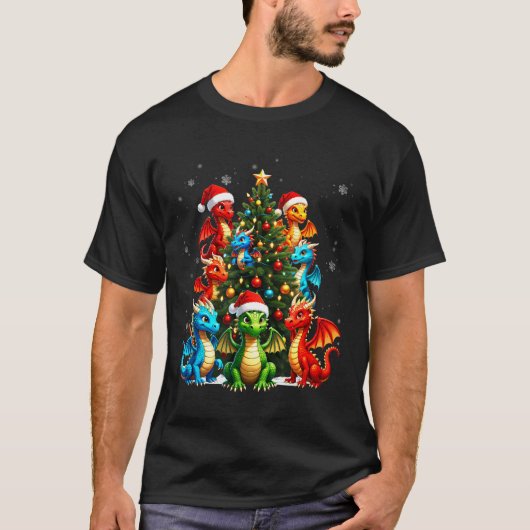 Dragon Christmas Tree Squad Santa Hat Fantasy Myth T-shirt (Voorkant)