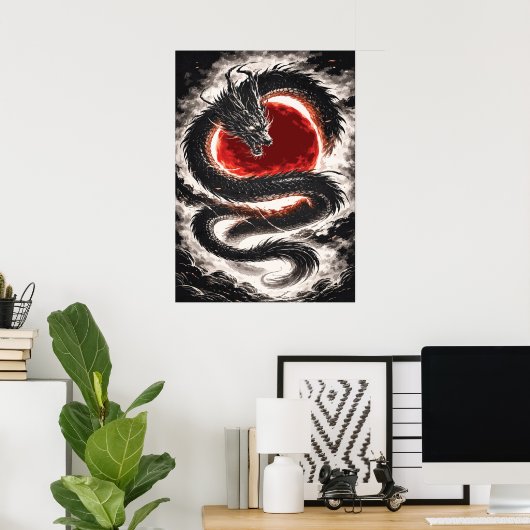 Dragon Coil over a Red Eclipse - Japanese Art Poster (Thuiskantoor)