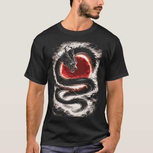 Dragon Coil over a Red Eclipse - Japanese Art T-shirt (Voorkant)