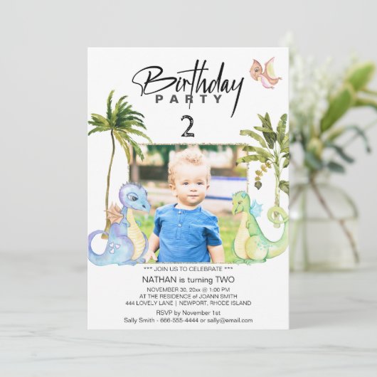 ** Dragon Dinosaur 2 TWO AR21 Foto Verjaardag Kaart (Staand voorkant)