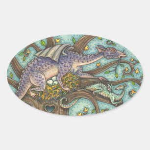 DRAGON-EIEREN, MEDIEVAL LAIR, FANTASY FOLK ART OVALE STICKER