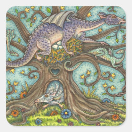 DRAGON-EIEREN, MEDIEVAL LAIR, FANTASY FOLK ART VIERKANTE STICKER