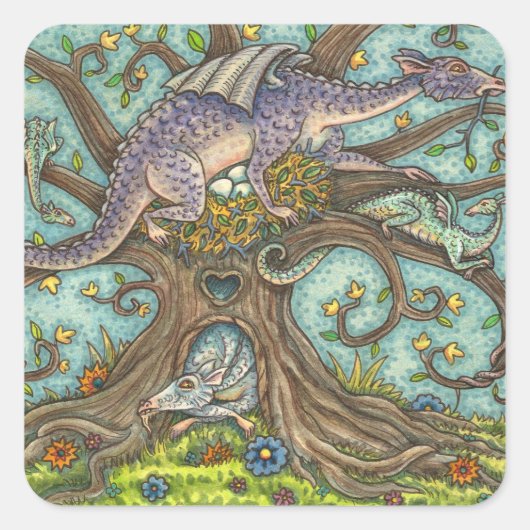 DRAGON-EIEREN, MEDIEVAL LAIR, FANTASY FOLK ART VIERKANTE STICKER (Voorkant)