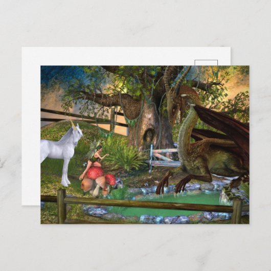 Dragon Elf Fairy Unicorn Fantasy Landschap Briefkaart (Voorkant / Achterkant)