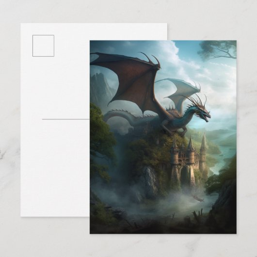 Dragon en Castle Fantasy Art Briefkaart (Voorkant / Achterkant)