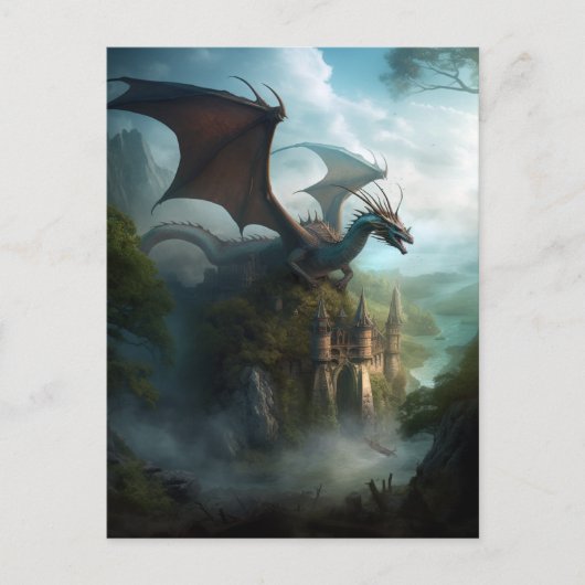 Dragon en Castle Fantasy Art Briefkaart (Voorkant)