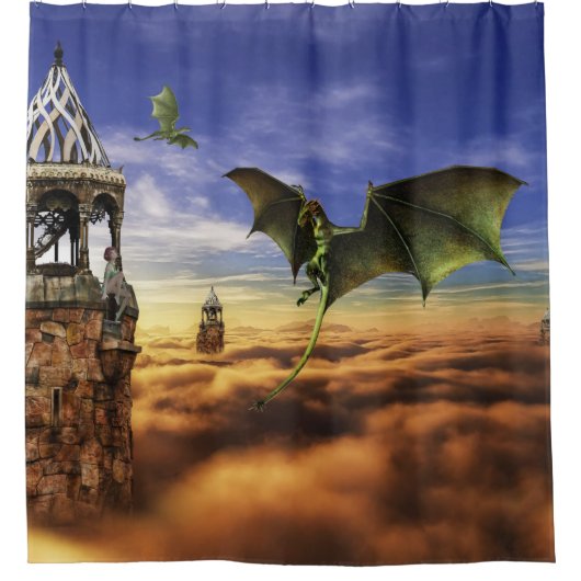 Dragon en Elf Fairy Sky Fantasy Landschap Douchegordijn (Voorkant)