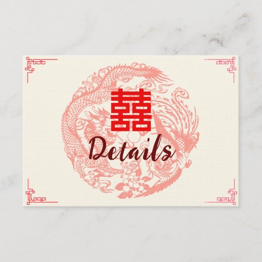 Dragon en feniks beige chinese bruiloft details informatiekaartje (Voorkant)