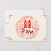 Dragon en feniks rood beige chinese bruiloft RSVP kaartje (Voorkant)
