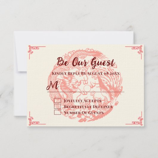Dragon en feniks rood beige chinese bruiloft RSVP kaartje (Achterkant)
