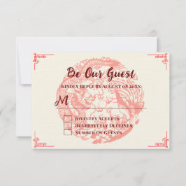 Dragon en feniks rood beige chinese bruiloft RSVP kaartje