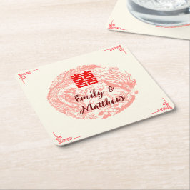 Dragon en Phoenix beige rood chinese bruiloft Kartonnen Onderzetters