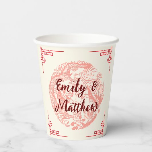 Dragon en Phoenix beige rood chinese bruiloft Papieren Bekers (Achterkant)