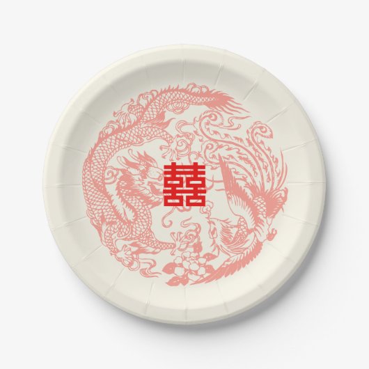 Dragon en Phoenix beige rood chinese bruiloft Papieren Bordje (Voorkant)