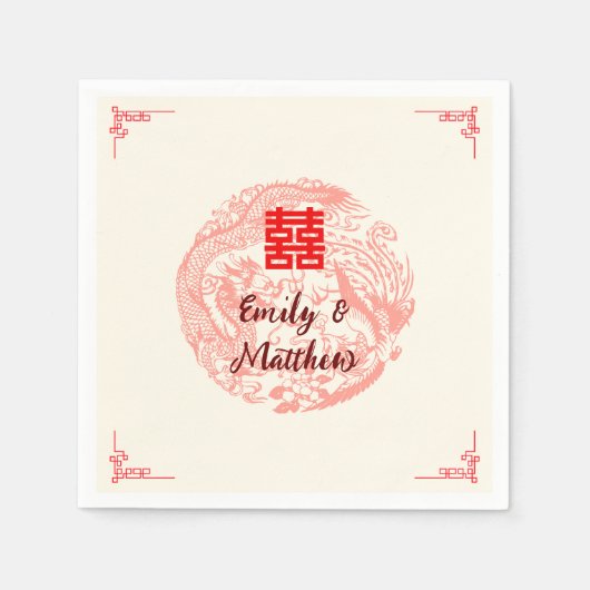 Dragon en Phoenix beige rood chinese bruiloft Servet (Voorkant)