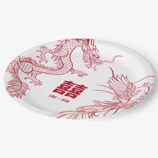 Dragon en Phoenix Clash | Dubbel geluk Papieren Bordje (Gekanteld)