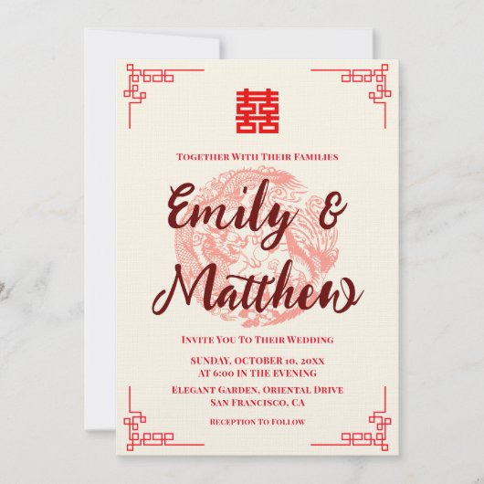 Dragon en Phoenix rode chinese bruiloft uitnodigin Kaart (Voorkant)