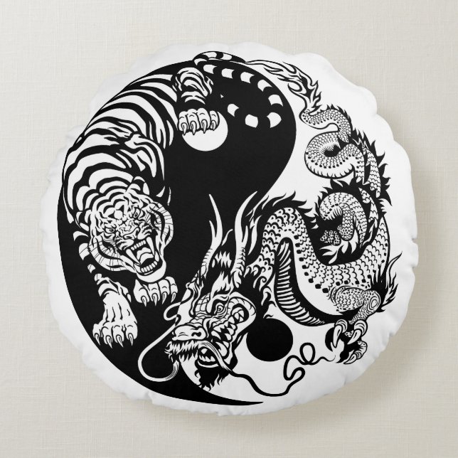 dragon en tijger yin yang symbool rond kussen (Voorkant)