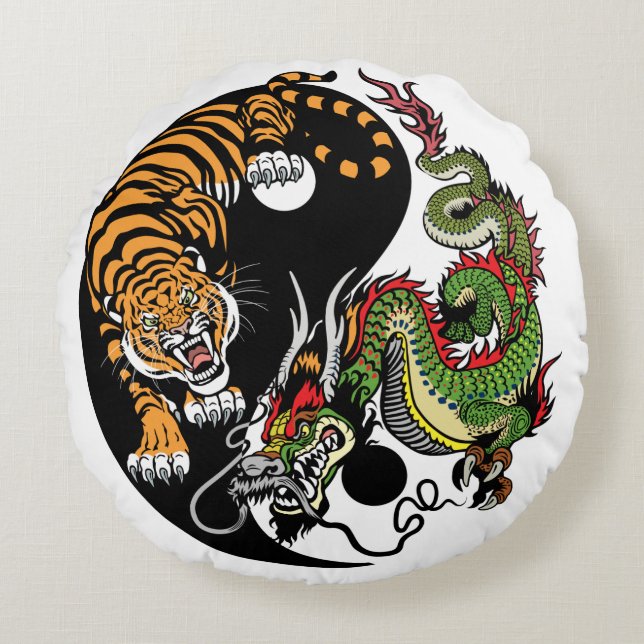 dragon en tijger yin yang symbool rond kussen (Voorkant)