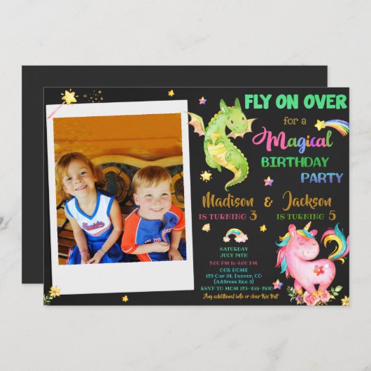 Dragon en unicorn verjaardagsuitnodiging kaart (Voorkant / Achterkant)