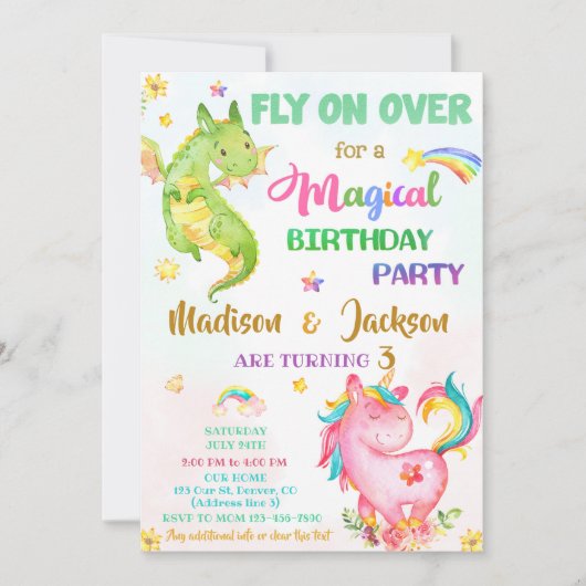 Dragon en unicorn verjaardagsuitnodiging kaart (Voorkant)