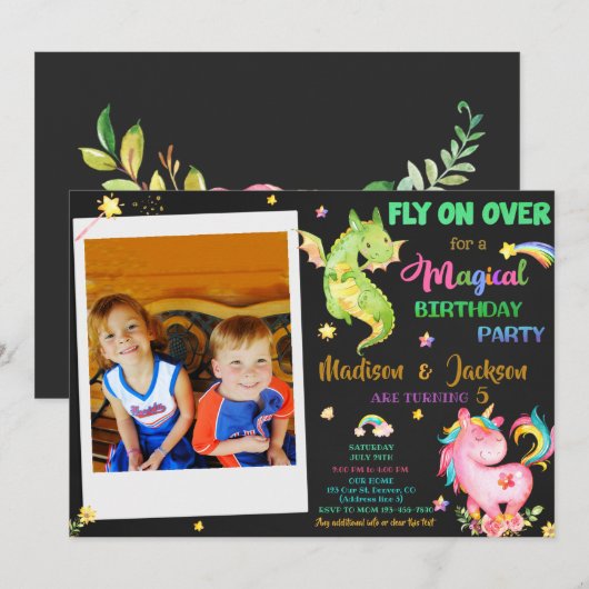 Dragon en unicorn verjaardagsuitnodiging kaart (Voorkant / Achterkant)