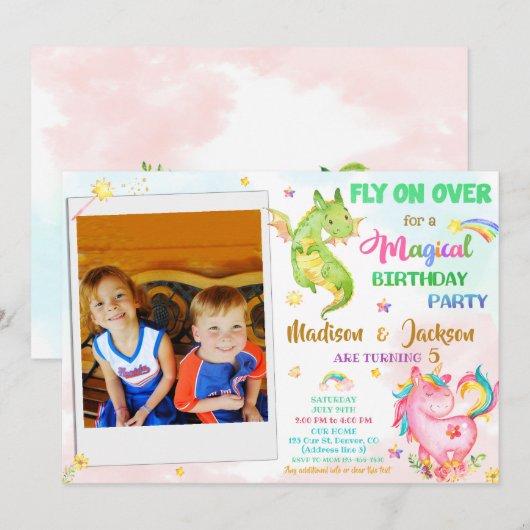 Dragon en unicorn verjaardagsuitnodiging kaart (Voorkant / Achterkant)