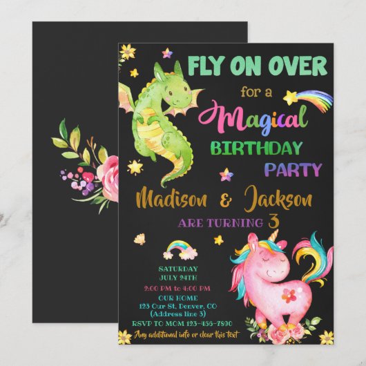 Dragon en unicorn verjaardagsuitnodiging kaart (Voorkant / Achterkant)