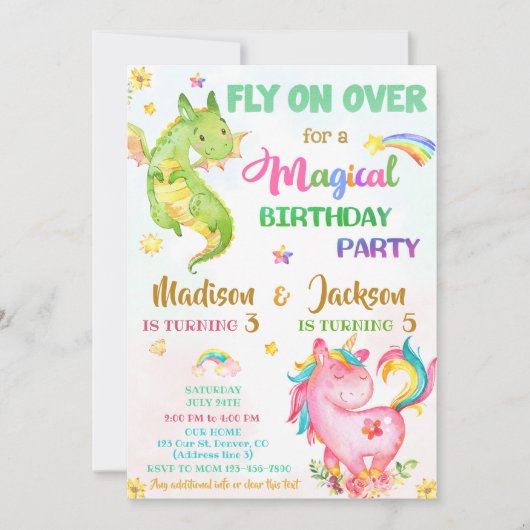 Dragon en unicorn verjaardagsuitnodiging kaart (Voorkant)