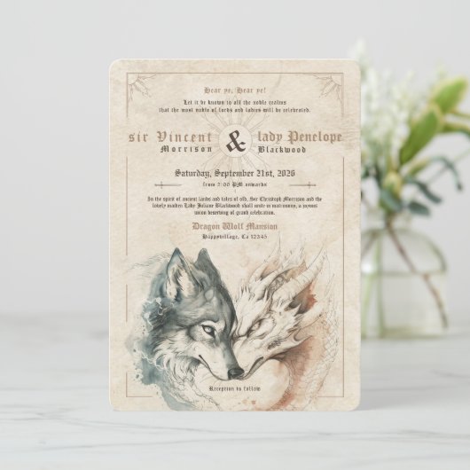 Dragon en Wolf bruiloft uitnodiging (Staand voorkant)